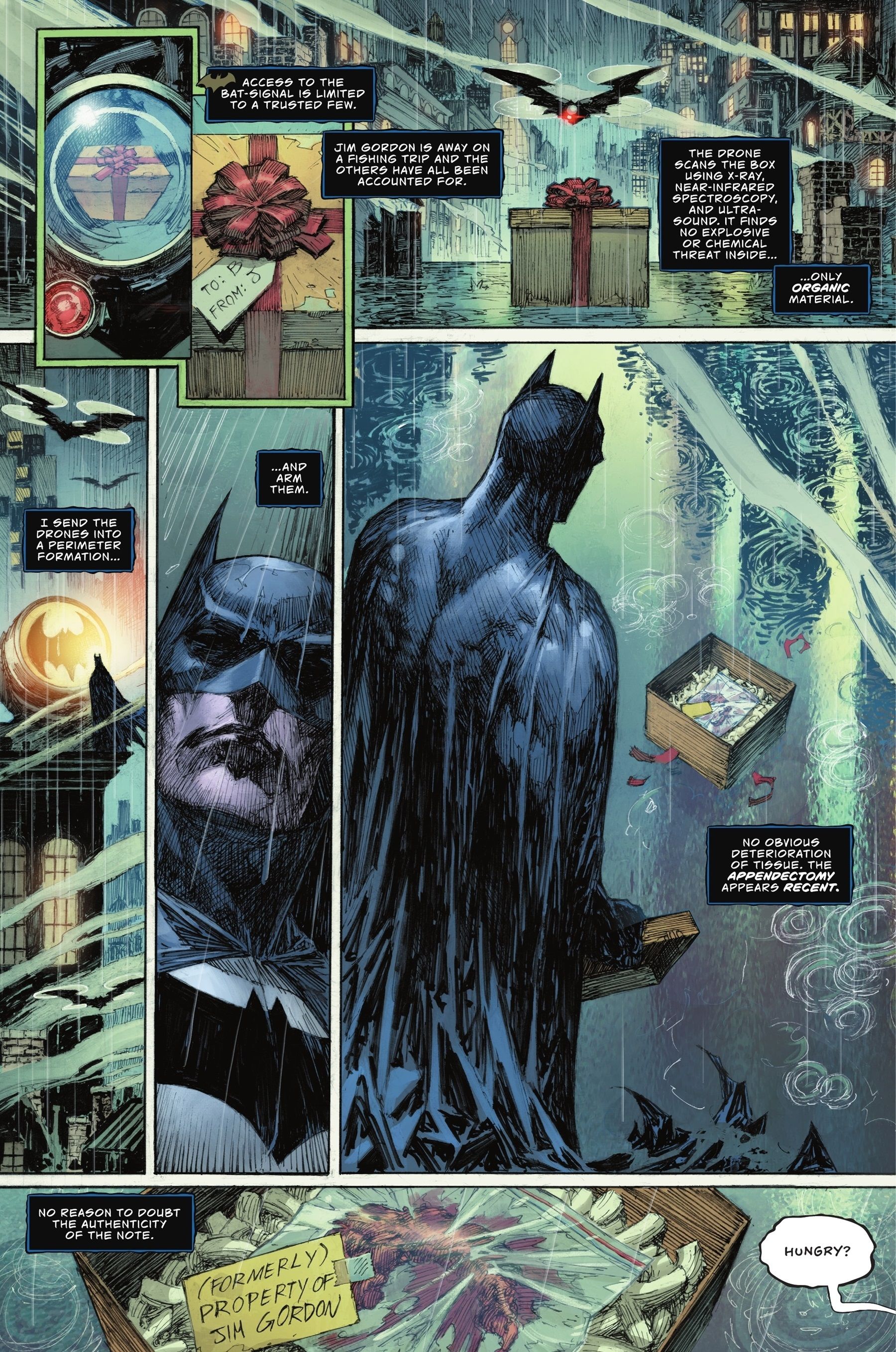 Batman encontra o apêndice de Jim Gordon em uma caixa