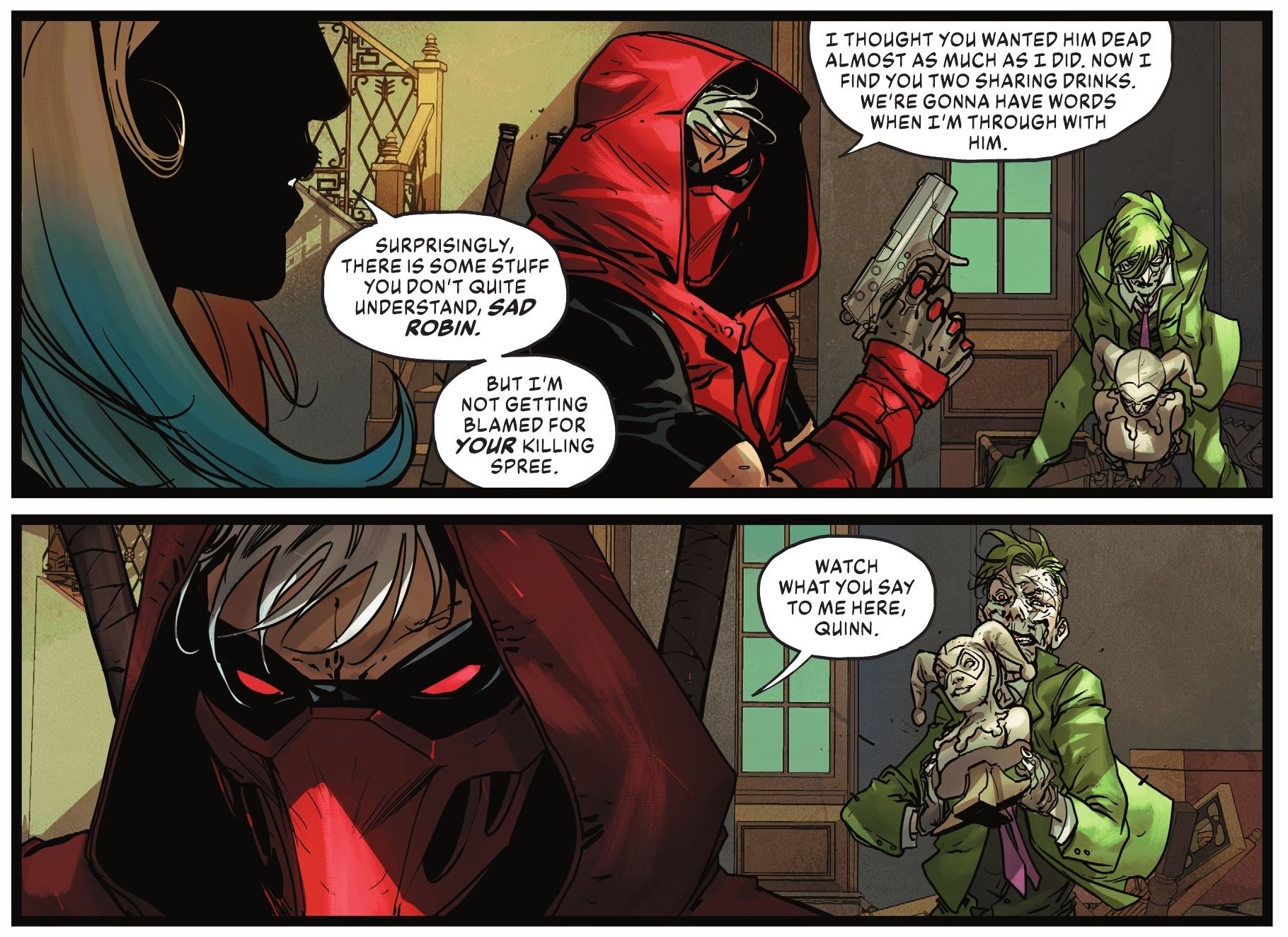 Harley Quinn e Red Hood brincam de um lado para o outro