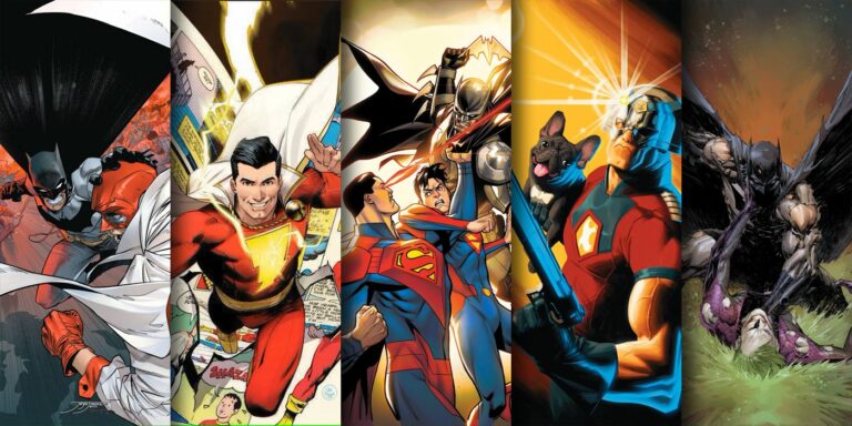 Cover artwork for new DC comics out May 2, 2023 features Batman, Shazam, Superman, Peacemaker, Joker and more.