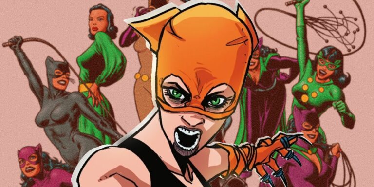 Catwoman snarling in her new DIY costume superimposed over her older, more traditional outfits