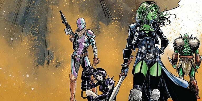 Gamora, Drax, Mantis and Nebula on the cover art for Marvel Comics' Guardians of the Galaxy #1 (2023)