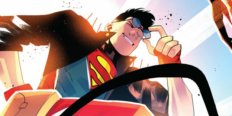 Conner Kent holds up his glasses and winks at the viewer on a variant for Superboy: The Man of Tomorrow #1 (2023).