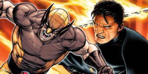 Wolverine bears his claws while Frank Castle uses a flaming sword on the cover of Punisher #11 (2023) from Marvel.