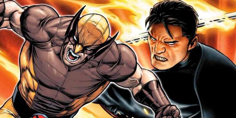 Wolverine bears his claws while Frank Castle uses a flaming sword on the cover of Punisher #11 (2023) from Marvel.