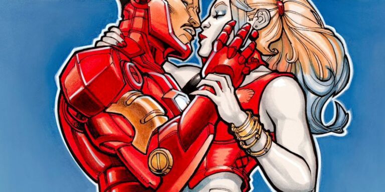 Iron Man and Harley Quinn get romantic in non-canonical crossover art made by Chad Hardin.