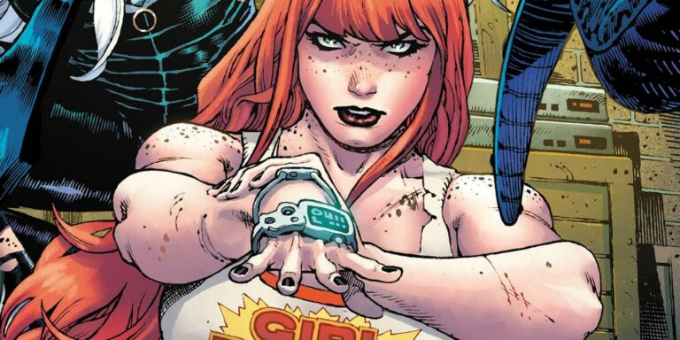 Spider-Man's ex, Mary Jane Watson, wears the device that gives her superpowers on the cover of Mary Jane & Black Cat #4.