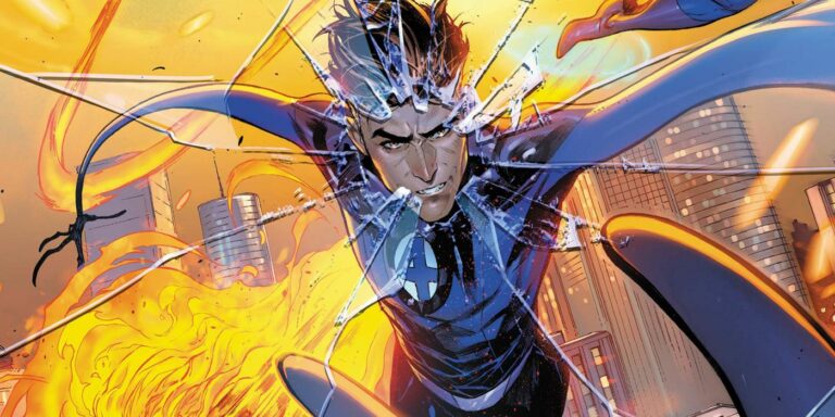 Mister Fantastic/Reed Richards cracks a glass fourth wall on a variant cover for Fantastic Four #1 (2022).