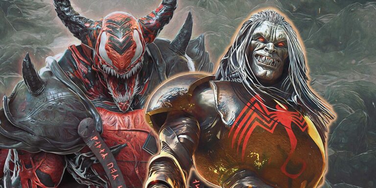 Carnage wears medieval armor beside Knull, the original King in Black and symbiote god.