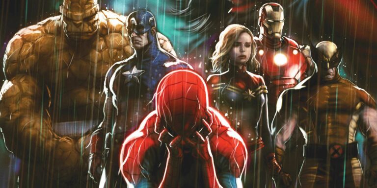 spider-man holding his head in his hands, surrounded by other somber heroes on the cover of