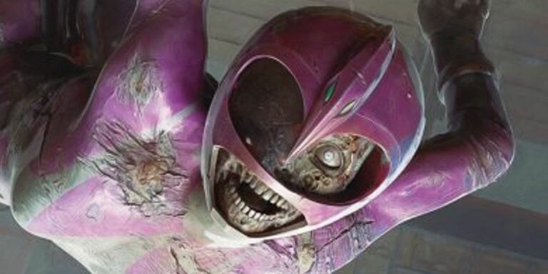 a gruesomely zombified kimberly ann hart in her pink mighty morphin power ranger suit staring at the viewer