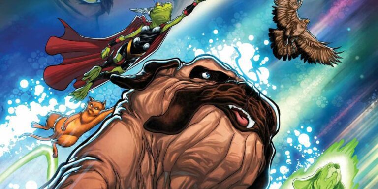 Lockjaw and fellow Pet Avengers Throg, Redwing, Chewie and Bats on the cover for Marvel Unleashed #1