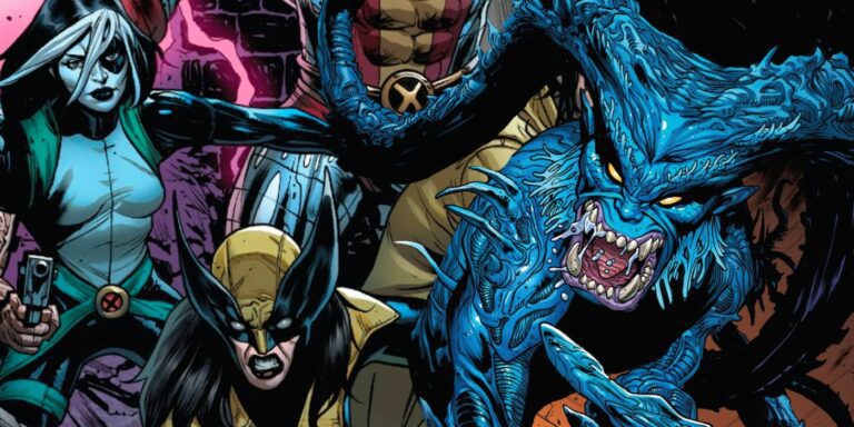 Wolverine and Domino stand next to a twisted version of Beast who Kid Omega calls the god of mutants