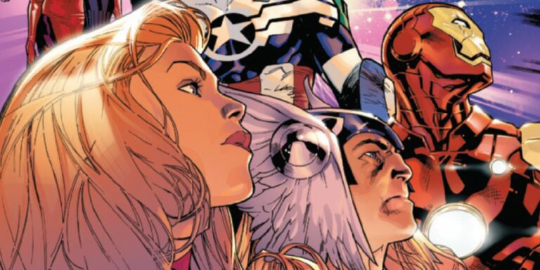 carol, thor, and iron man looking toward the sky on the cover of the latest avengers #1