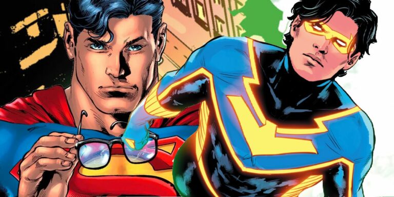 Dressed in his brand-new costume, Nightwing uses his newfound superpowers to fly while Superman watches.