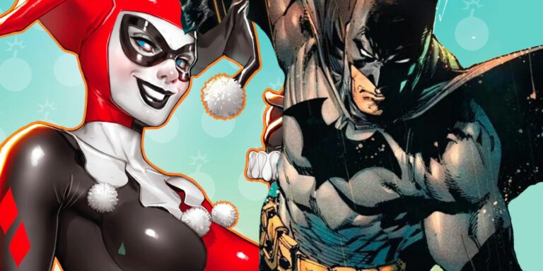 Harley Quinn, dressed in her classic Jester costume, poses behind Batman.