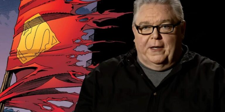 Mike Carlin in front of an image of the Death of Superman