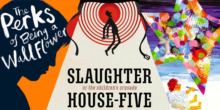 Book covers for Slaughter House-Five, Perks of Being a Wallflower and Draw Me a Star are pictured next to one another.