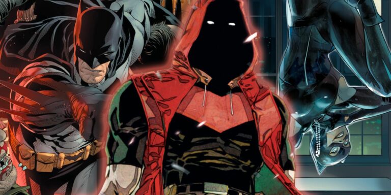 Red Hood/Jason Todd stands in front of Batman/Bruce Wayne and Catwoman/Selina Kyle.