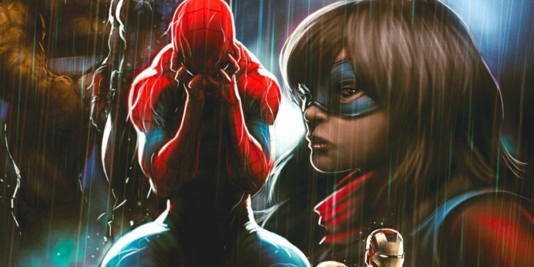 Spider-Man, left, mourns the loss of Kamala khan while Ms. Marvel's face is seen in the distance.
