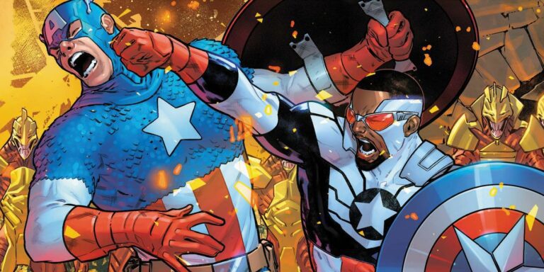 Captain America/Steve Rogers and Captain America/Sam Wilson punch one another during a massive battle.