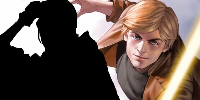 Luke Skywalker and his yellow lightsaber stand next to a silhouette of Star Wars' Doctor Aphra.