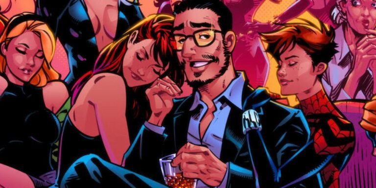 Paul, Mary Jane's new boyfriend in Amazing Spider-Man, is surrounded by various female Marvel characters.