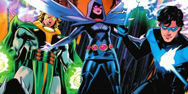 Raven crowns a new ruler of Hell, Blaze, while standing next to Nightwing and Neron.