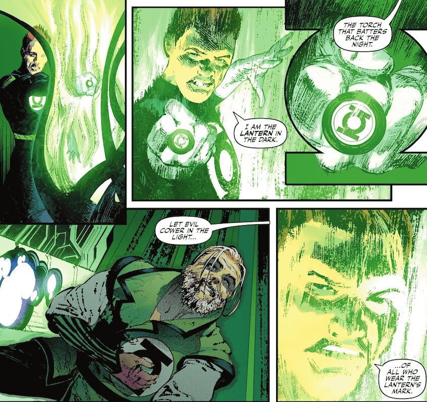 Guy Gardner refere-se a si mesmo como o Lanterna no Escuro e faz um novo juramento em Lanterna Verde #1.
