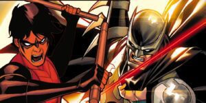 DC's Injustice Batman returns to continuity and gets beaten up by his son, Damian Wayne/Nightwing.