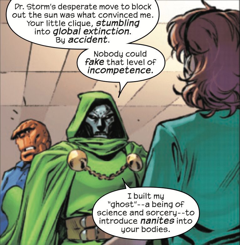 O Doutor Destino explica como criou um fantasma a partir da ciência e da magia para sabotar o Quarteto Fantástico.