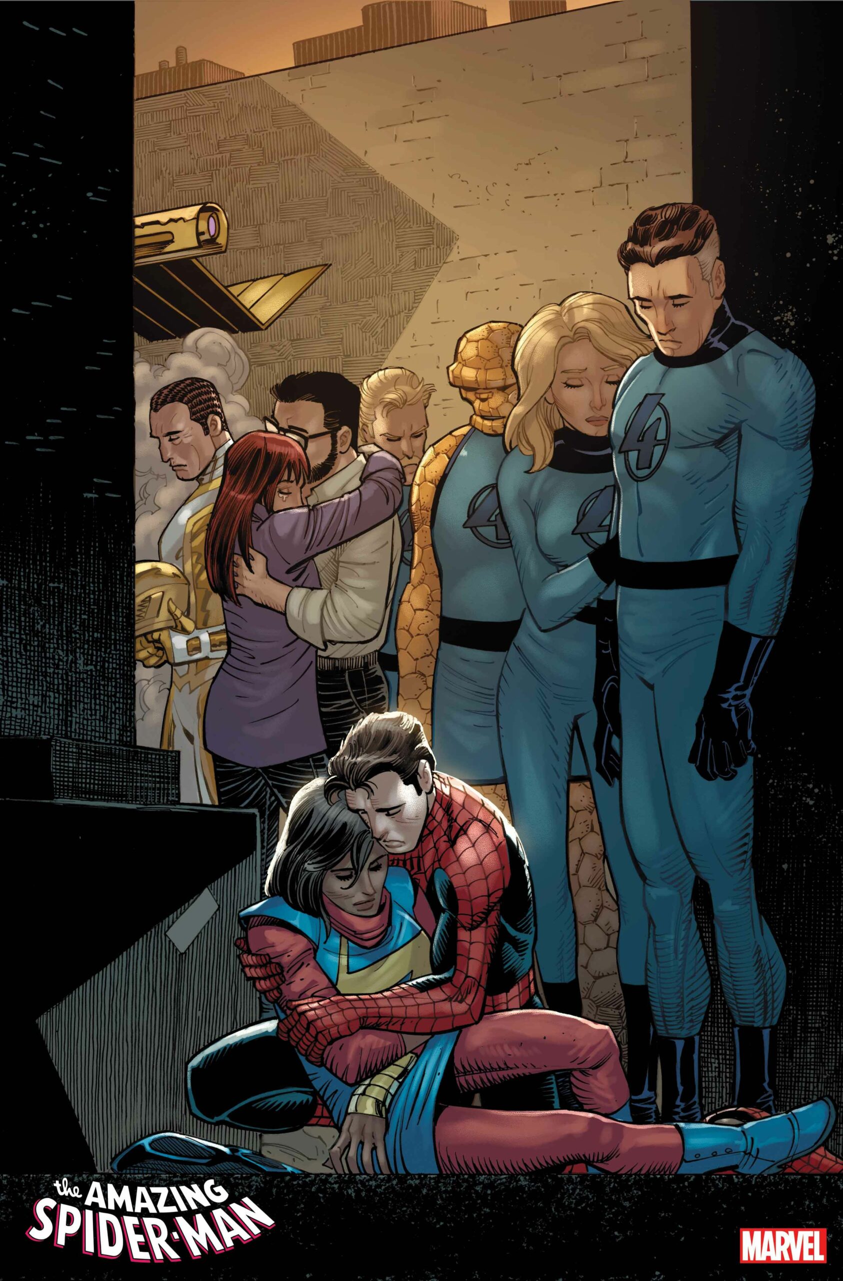 peter parker segurando uma ms maravilha falecida cercada por outros heróis e entes queridos