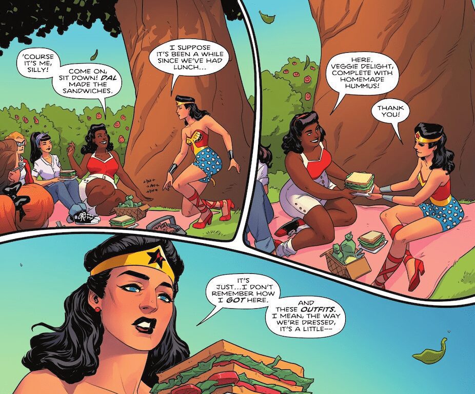 Vestida com uma versão do traje de Lynda Carter, Diana Prince fica presa em um sonho em Wonder Woman #799 da DC.