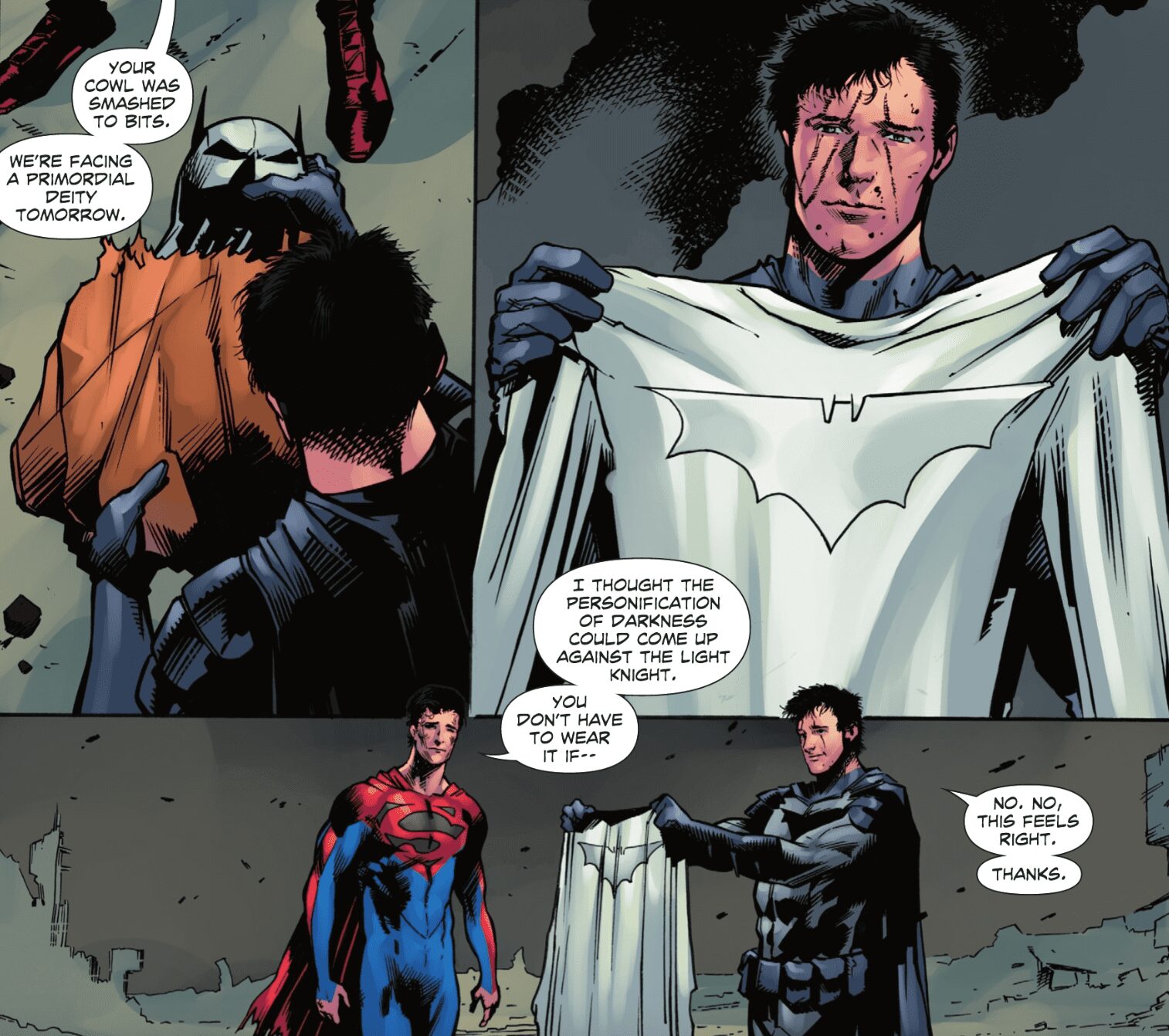 Jon Kent/Superman dá a Damian Wayne/Batman um Batsuit branco no último capítulo da saga zumbi da DC.