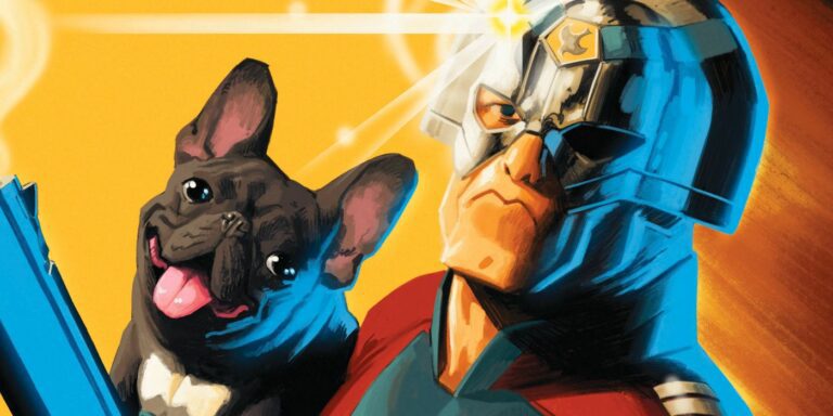 Peacemaker holds his pet puppy named Bruce Wayne on cover artwork for Peacemaker Tries Hard! #1 (2023).