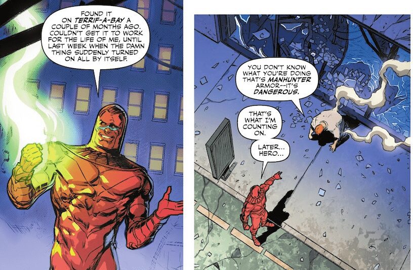 Hal Jordan enfrenta um vilão chamado Steel Fury, que tem sua própria armadura Manhunter, em Green Lantern #1.
