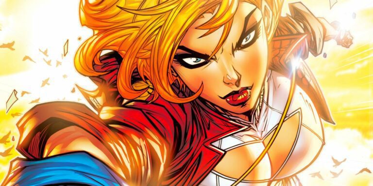 Power Girl jumps into action while demonstrating her astral-punch superpower.
