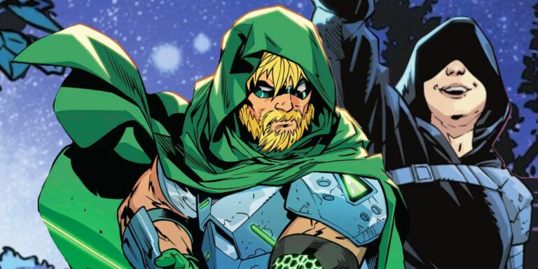 Green Arrow/Oliver Queen stands next to Lian Harper while trapped on a mysterious, cosmic island.