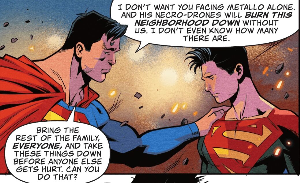 Superman não deixa seu filho, Jon Kent, lutar contra Metallo sozinho porque ele é muito perigoso.