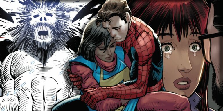 Peter Parker/Spider-Man holds Ms. Marvel as she dies in Marvel's Amazing Spider-Man #26.