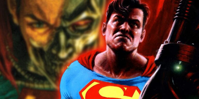 Superman looks at the DC villain Metallo while blurred artwork of Cyborg Superman's face is behind him.