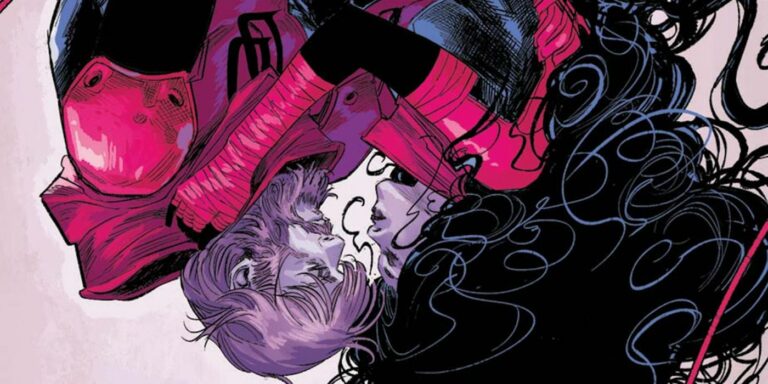 Matt Murdock and Elektra Natchios embrace in cover art for Marvel's Daredevil #12.