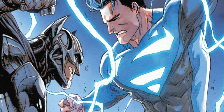 Jon Kent/Superman battles Injustice Batman in his new electric blue costume.