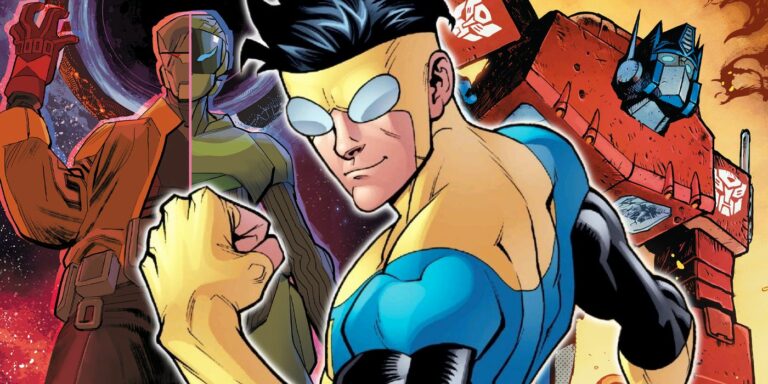 Invincible raising his fist in front of cover art for the Energon Universe's Transformers and Void Rivals series.