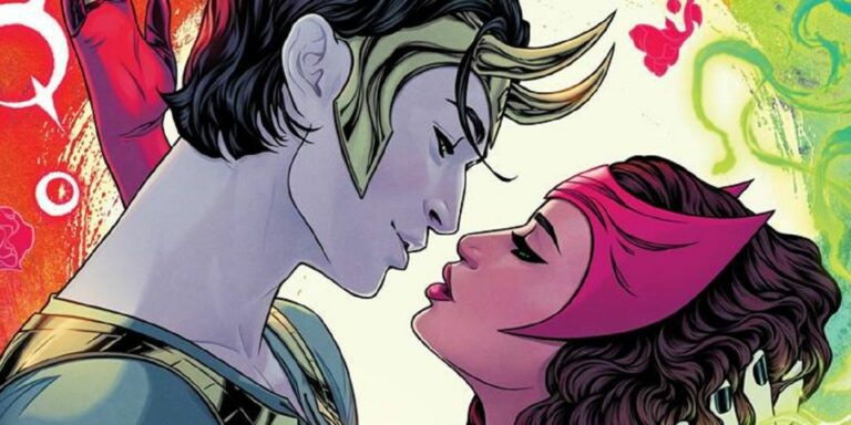Scarlet Witch and Loki look like they're about to kiss