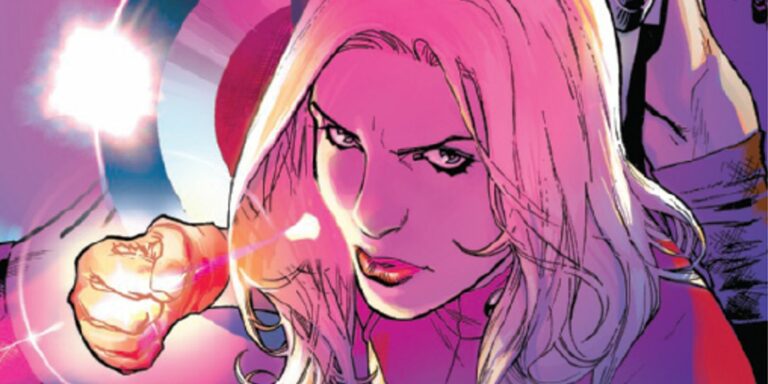 Carol Danvers with her fist raised as she leads the new team of Avengers.