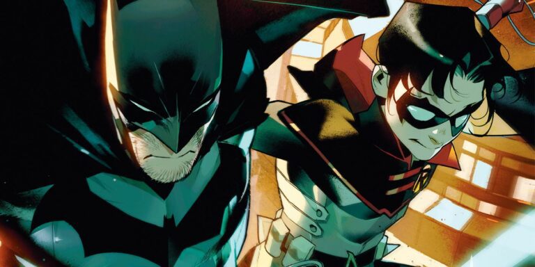 Batman and Robin Damian Wayne leap through the night on Simone Di Meo's cover for DC's Batman and Robin #1 (2023).
