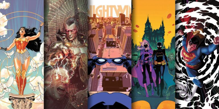 Cover art for new DC comics out June 20, 2023 features Wonder Woman, Nightwing, Black Adam, Superman and Batgirls.