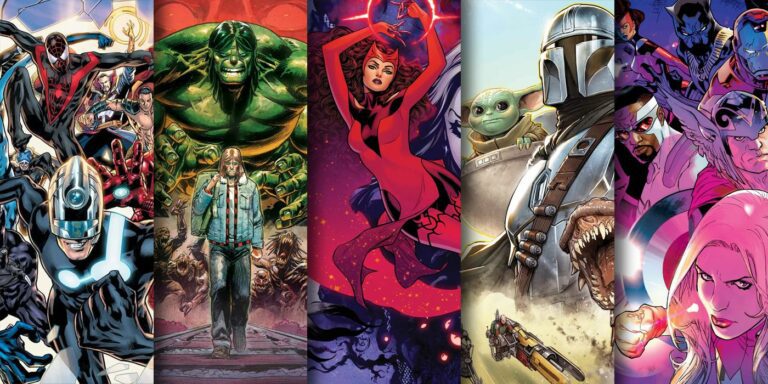 Cover art for new Marvel comics out June 21, 2023 features the Illuminati, Hulk, Scarlet Witch, Mandalorian and more.
