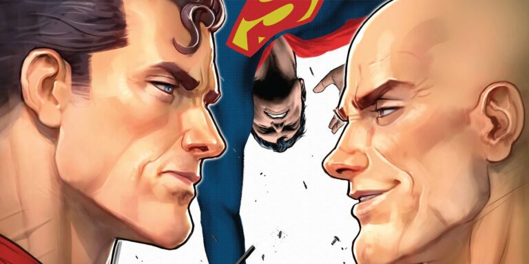 Superman and Lex Luthor stare each other down as the Man of Steel is in the background reaching out to save someone.