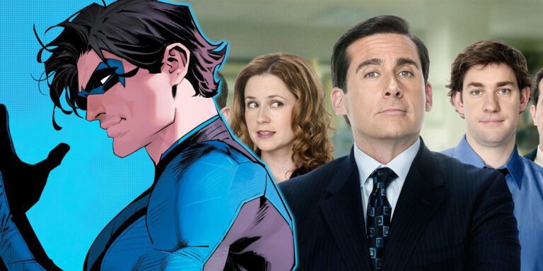 DC Comics' Nightwing/Dick Grayson beside Michael Scott, Jim Halpert and Pam Beesly from NBC's The Office.